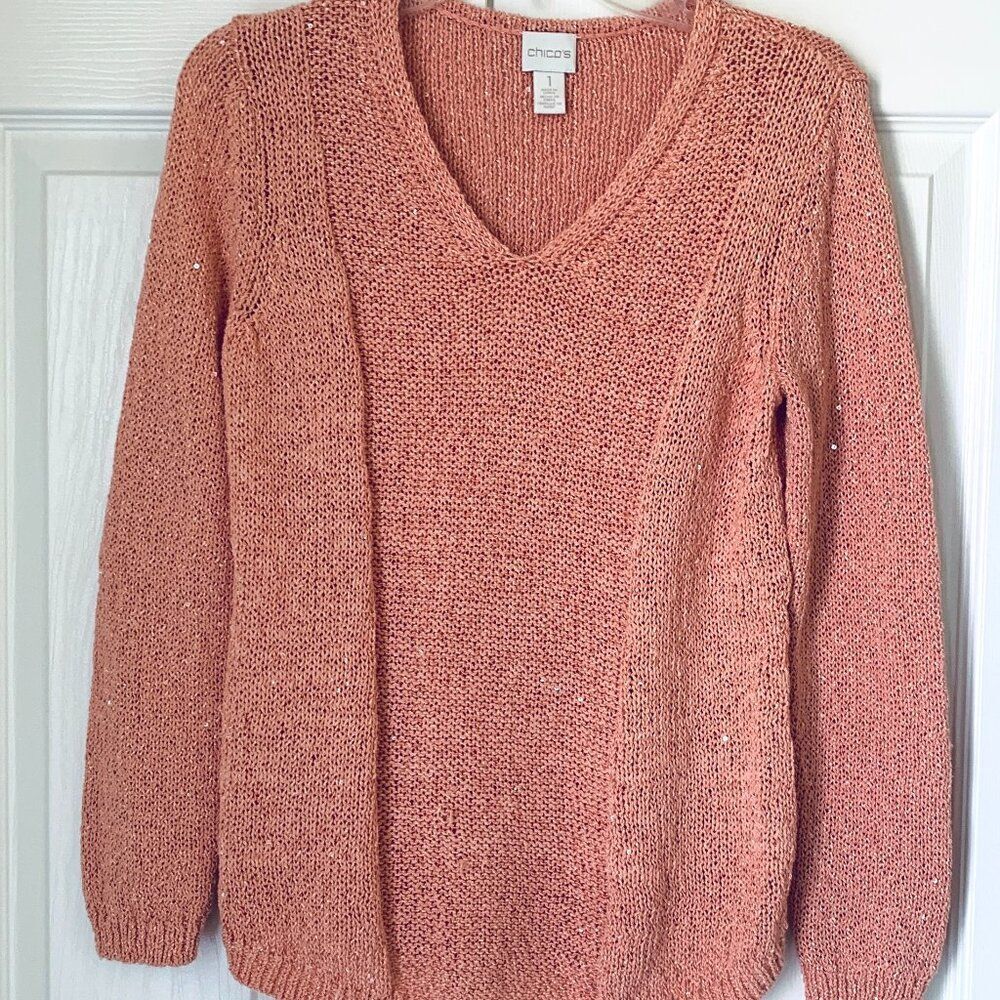 CHICOS V Neck Peach Bit of Sparkle Long Sleeve Open Weave